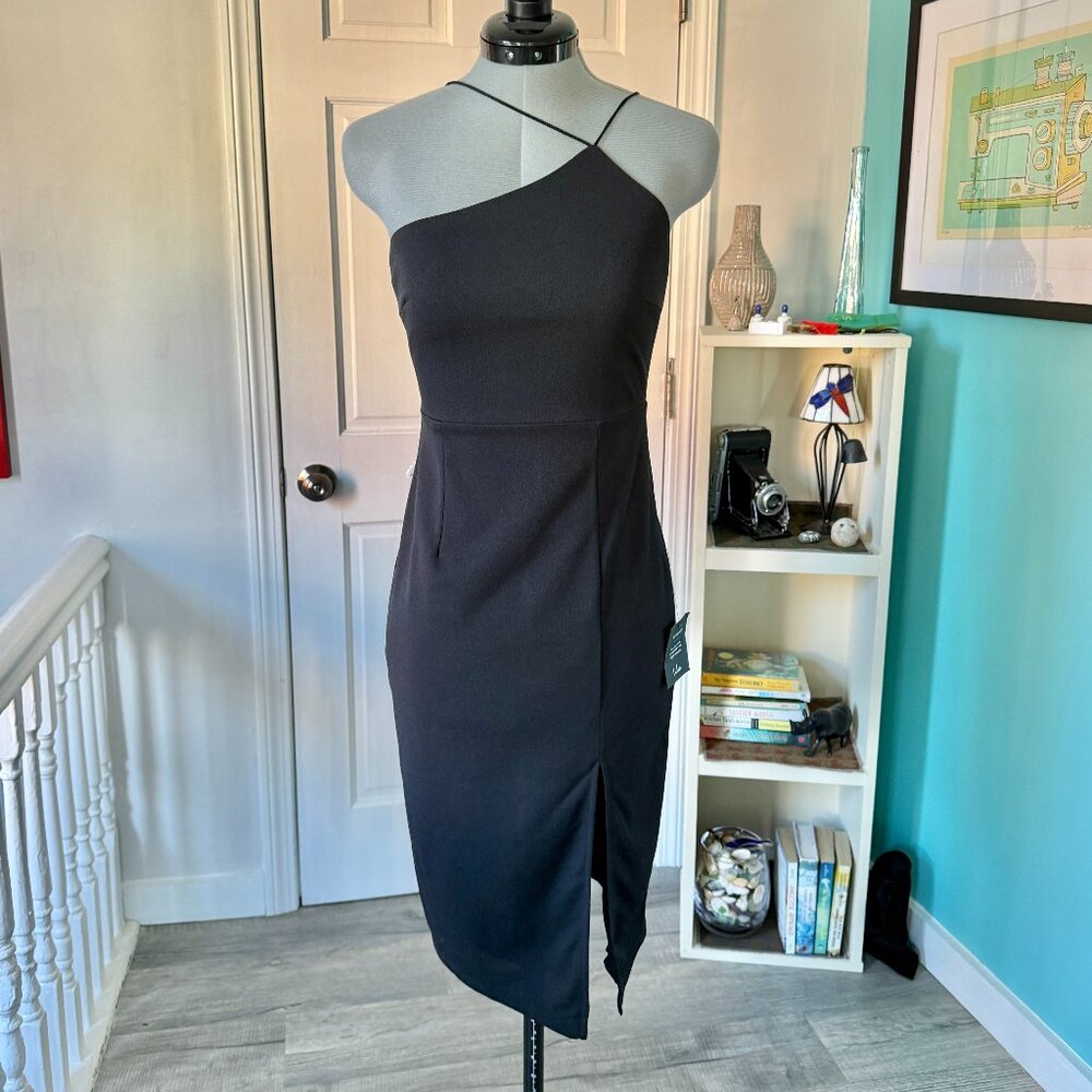 NEW Lulus Happiest Hour Black Asymmetrical Bodycon Midi Dress (size S)